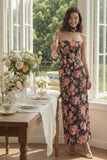 Vestido midi sin tirantes de satén de flor negra rosa