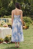 Corsé de flores blancas azules de tul con tirantes finos y vestido midi