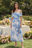 Vestido midi de tul de flor blanca azul con línea A y hombro descubierto
