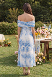 Vestido midi de tul de flor blanca azul con línea A y hombro descubierto
