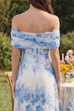Vestido midi de tul de flor blanca azul con línea A y hombro descubierto