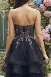 Vestido midi negro sin tirantes de organza de línea A con apliques,