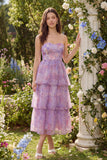 Vestido Midi de tul de tirantes sin tirantes y escaleras morado