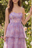Vestido Midi de tul de tirantes sin tirantes y escaleras morado