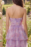 Vestido Midi de tul de tirantes sin tirantes y escaleras morado