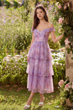 Vestido midi de tul de línea A de hombros descubiertos morado