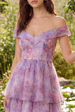 Vestido midi de tul de línea A de hombros descubiertos morado