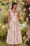 Vestido midi rosa de satén sin espalda con estampado floral en línea A con moño