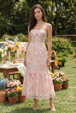 Vestido Midi Corsé Tirante de Sirena con Aplique Rosa Aplicado