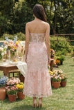Vestido Midi Corsé Tirante de Sirena con Aplique Rosa Aplicado