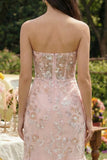 Vestido Midi Corsé Tirante de Sirena con Aplique Rosa Aplicado