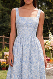 Vestido Midi azul Jacquard de cuello cuadrado A Line con cremallera trasera
