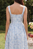 Vestido Midi azul Jacquard de cuello cuadrado A Line con cremallera trasera