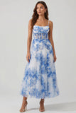Corsé de tul de flor blanca azul con tirantes finos y vestido midi