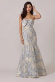 Vestido de invitado de sirena de satén azul polvoriento Jacquard con moño