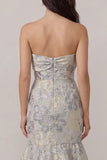 Vestido de invitado de sirena de satén azul polvoriento Jacquard con moño