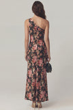 Vestido midi de satén de una sola funda de flor rosa negra
