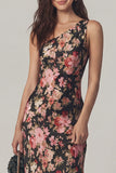 Vestido midi de satén de una sola funda de flor rosa negra