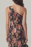 Vestido midi de satén de una sola funda de flor rosa negra