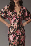 Vestido midi de satén de satén con flor rosa negra y escote en V y manga corta