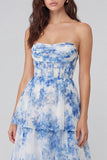 Corsé de tul de flores blancas azules Línea A sin tirantes y vestido midi escalonado