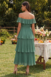Vestido midi de quiffon de eucalipto plisado en niveles y con hombros en línea A