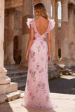 Vestido largo de graduación con lentejuelas rosas con cuello en V y abertura