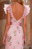 Vestido largo de graduación con lentejuelas rosas con cuello en V y abertura