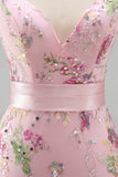 Vestido largo de graduación con lentejuelas rosas con cuello en V y abertura
