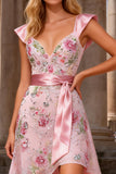 Vestido midi de cuello en V con cuentas rosas, línea en A y lentejuelas