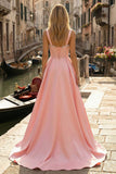 Vestido largo de graduación de satén con corsé rosa con cuentas y corte