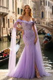 Vestido largo de baile de graduación bordado con sirena lila y hombros descubiertos