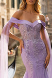 Vestido largo de baile de graduación bordado con sirena lila y hombros descubiertos