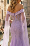Vestido largo de baile de graduación bordado con sirena lila y hombros descubiertos