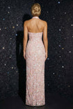 Corsé rosa con capestro con aplique y vestido largo de noche con abertura