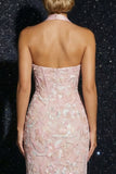 Corsé rosa con capestro con aplique y vestido largo de noche con abertura