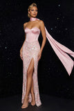 Corsé sin tirantes con bordado rosa, vestido largo de noche con abertura