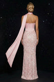 Corsé sin tirantes con bordado rosa, vestido largo de noche con abertura