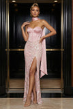 Corsé sin tirantes con bordado rosa, vestido largo de noche con abertura