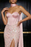 Corsé sin tirantes con bordado rosa, vestido largo de noche con abertura