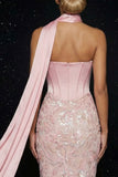 Corsé sin tirantes con bordado rosa, vestido largo de noche con abertura