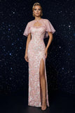 Vestido de noche con tirantes finos con bordado rosa Corsé y funda con abertura y capa