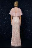 Vestido de noche con tirantes finos con bordado rosa Corsé y funda con abertura y capa
