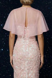 Vestido de noche con tirantes finos con bordado rosa Corsé y funda con abertura y capa