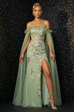 Corsé verde con volantes y bordado sin tirantes para vestido de noche sirena con abertura