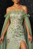 Corsé verde con volantes y bordado sin tirantes para vestido de noche sirena con abertura