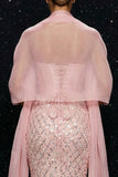 Vestido de noche de sirena sin tirantes con tirantes y con abertura y capa de lentejuelas rosas brillantes