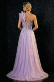 Vestido de noche sirena de un hombro con volantes y liados púrpura brillante con pliantes y abertura