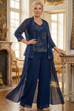 Trajes de pantalón de la madre de la novia bordados de tres piezas azul marino