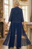 Trajes de pantalón de la madre de la novia bordados de tres piezas azul marino